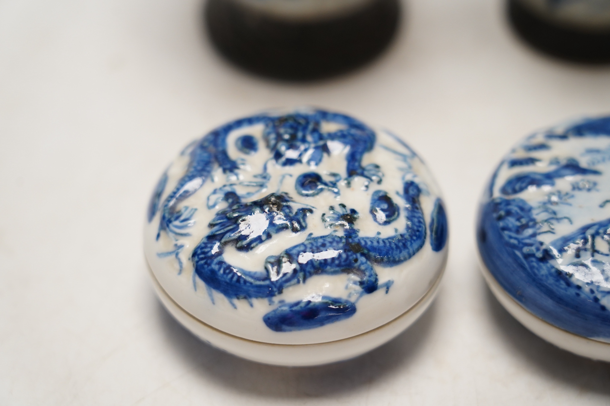 Chinese blue and white ceramics comprising crackle glaze vases and circular seal pots (4). Condition - fair to good, a few minor chips